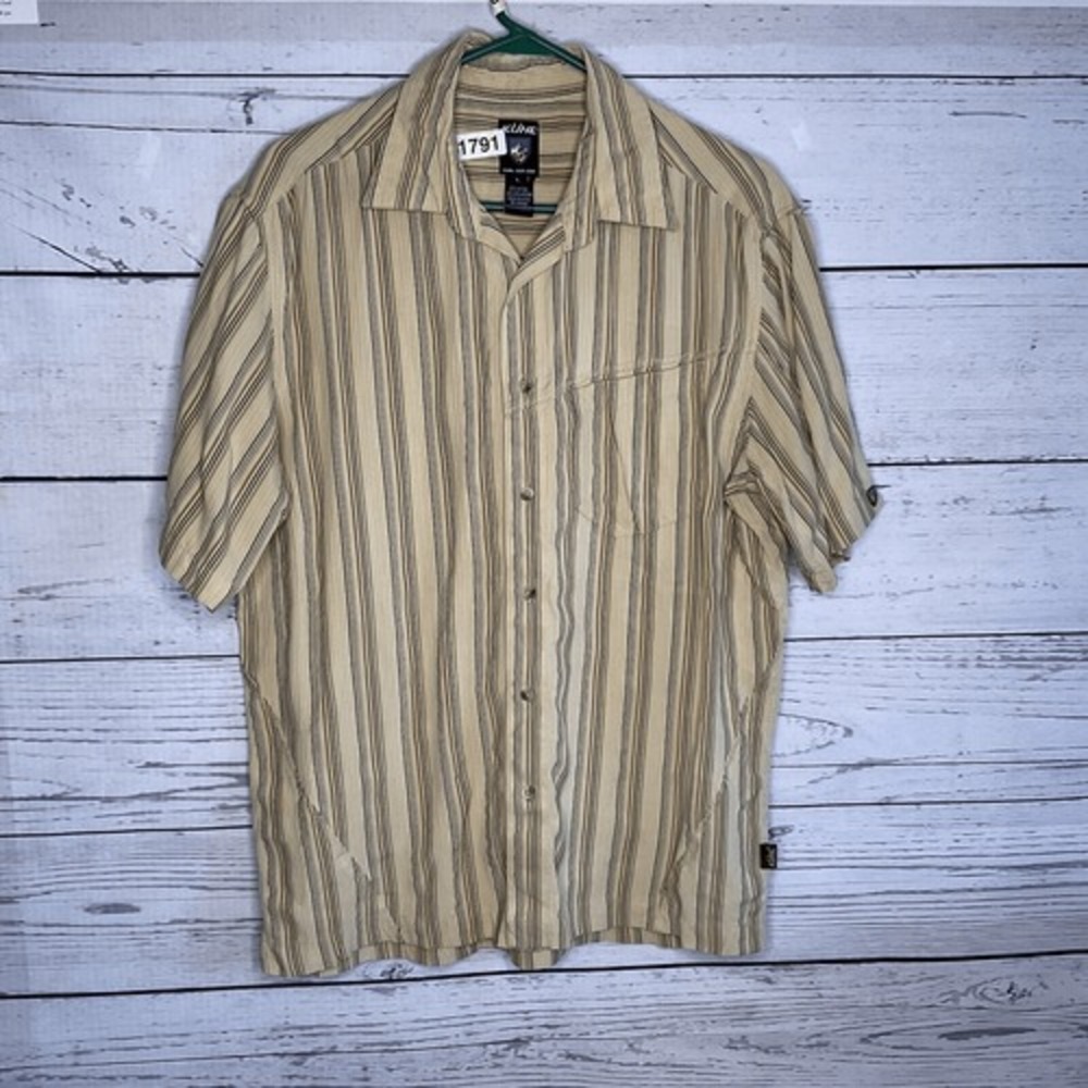 Kuhl Mens Short Sleeve Button Down Shirt Tan Brown Striped Modal Blend Large